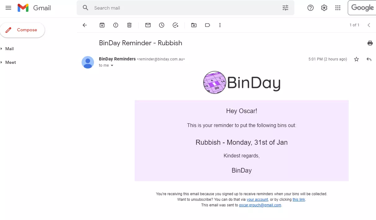 Screenshot of an example email