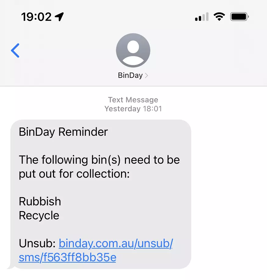 Screenshot of an example SMS notification